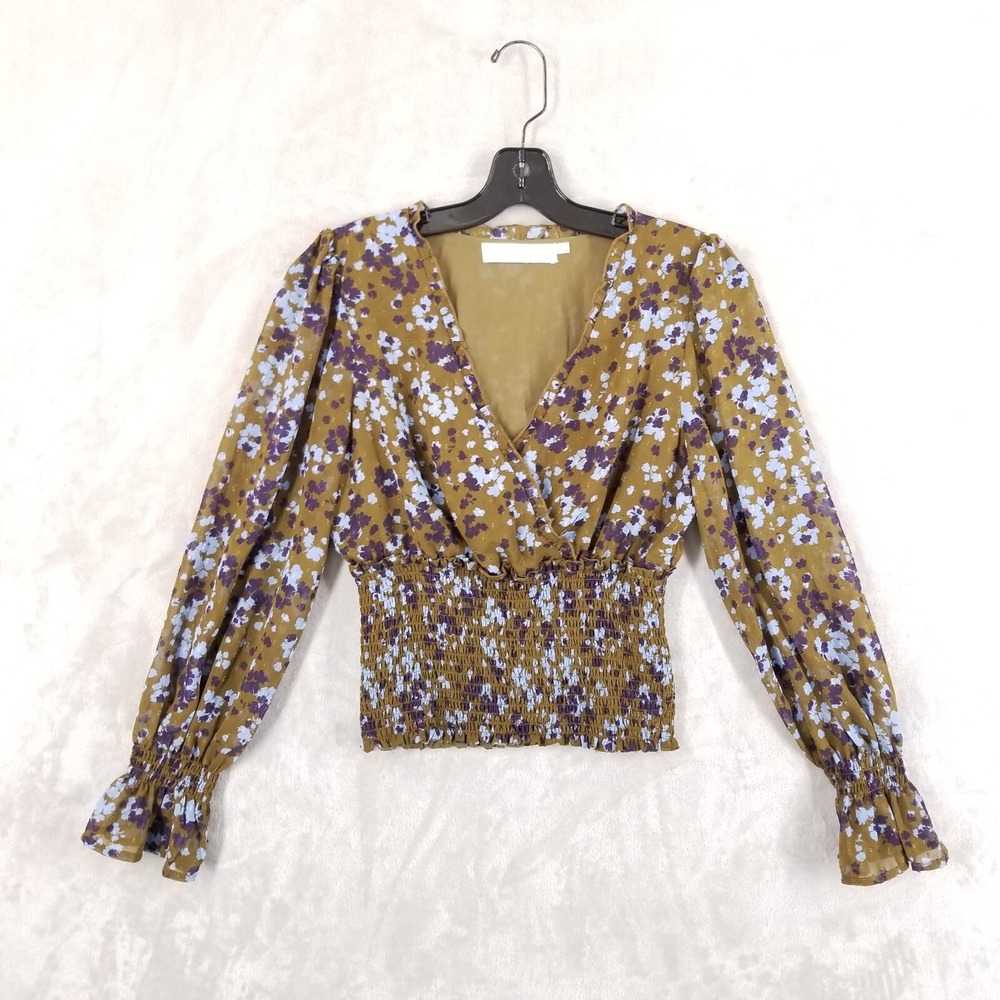ASTR the Label Top Women XS Floral Babydoll Ruched Ruffle Chiffon Balloon Sleeve